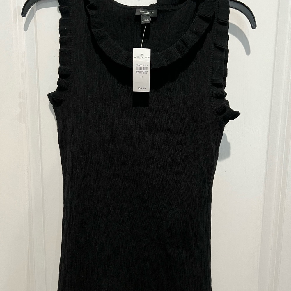 Ann Taylor Factory Black Sleeveless Blouse with Ruffled arm holes, Sz M